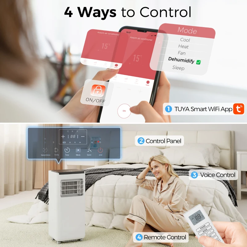 HOMCOM 10000 BTU Portable 4-in-1 Air Conditioner with Cool, Dehumidifier, Fan, Sleep, WiFi Voice Remote Control, White