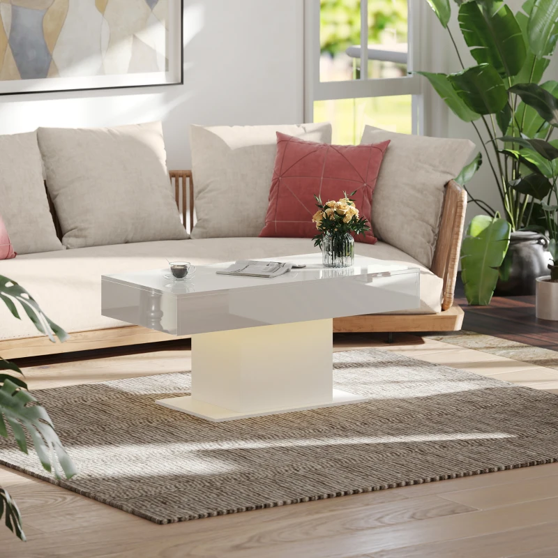 HOMCOM Extendable Coffee Table with LED Lights, Modern High Gloss Center Table with Hidden Storage for Living Room, White