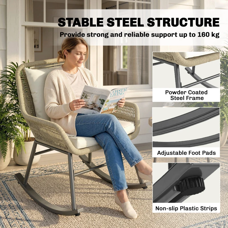 Outsunny 3 Piece Rocking Bistro Set Outdoor Patio Furniture Set with Cushions, Glass Coffee Table for Balcony, Cream White