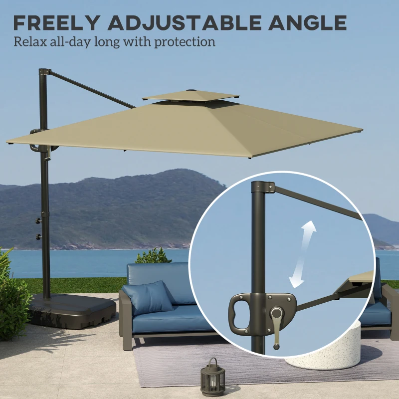 Outsunny Square Cantilever Patio Umbrella, Double Top Patio Hanging Offset Umbrella with Crank & Tilt, 8' x 9', Light Grey