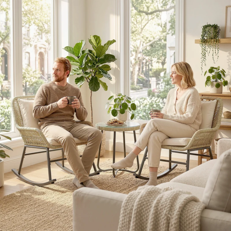 Outsunny 3 Piece Rocking Bistro Set Outdoor Patio Furniture Set with Cushions, Glass Coffee Table for Balcony, Cream White