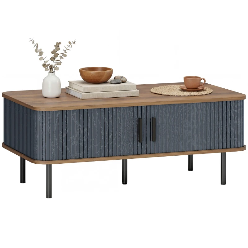 HOMCOM Nordic Side Table with Fluted Tambour Sliding Doors and Steel Legs, Coffee Table with Storage for Living Room, Black