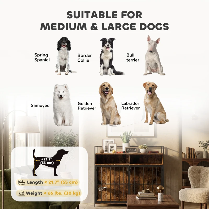 PawHut Dog Crate Furniture with Rotating Feeding Station Dog Kennel End Table Storage Shelves, Rustic Brown