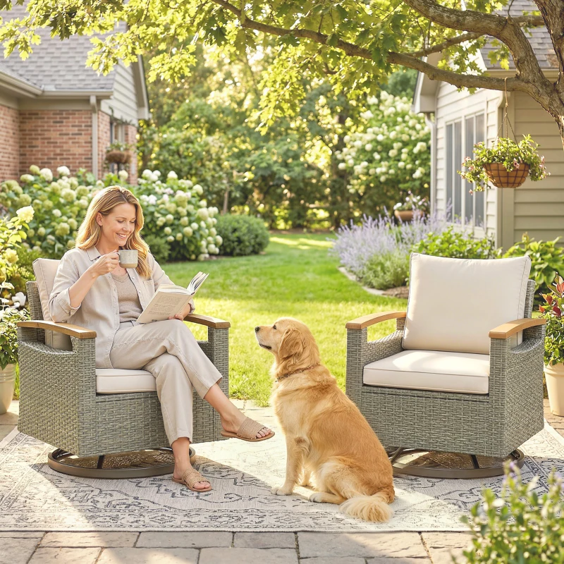 Outsunny Patio Outdoor Swivel Chairs Set of 2, PE Rattan Patio Wicker Chair with Soft Cushions, Steel Frame, Cream White