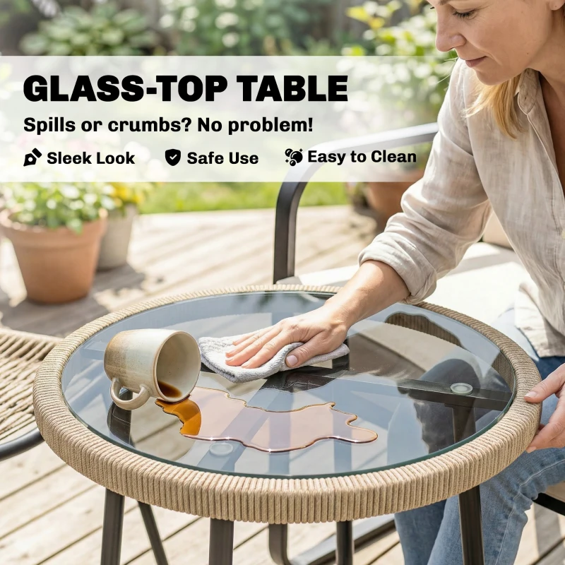 Outsunny 3 Piece Rocking Bistro Set Outdoor Patio Furniture Set with Cushions, Glass Coffee Table for Balcony, Cream White