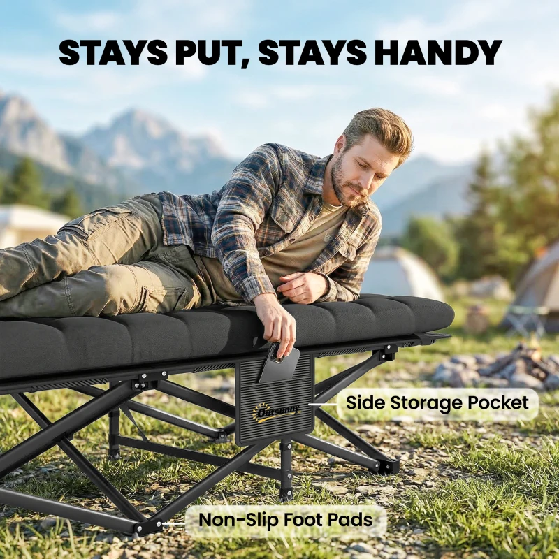 Outsunny Set of 2 Camping Cot with Soft Pad, 32" Extra Wide Folding Cots with Non-Slip Feet and Carry Bag, Black