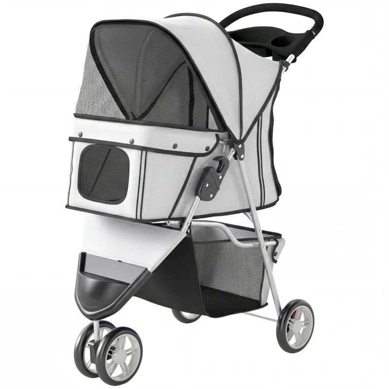 PawHut 3 Wheels Foldable Dog Stroller with Storage Basket, Adjustable Canopy, Cupholder for Miniature and Small Dogs, Grey