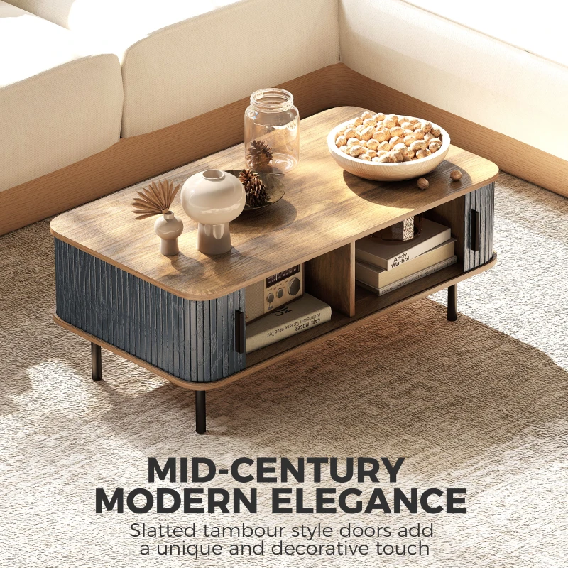 HOMCOM Nordic Side Table with Fluted Tambour Sliding Doors and Steel Legs, Coffee Table with Storage for Living Room, Black