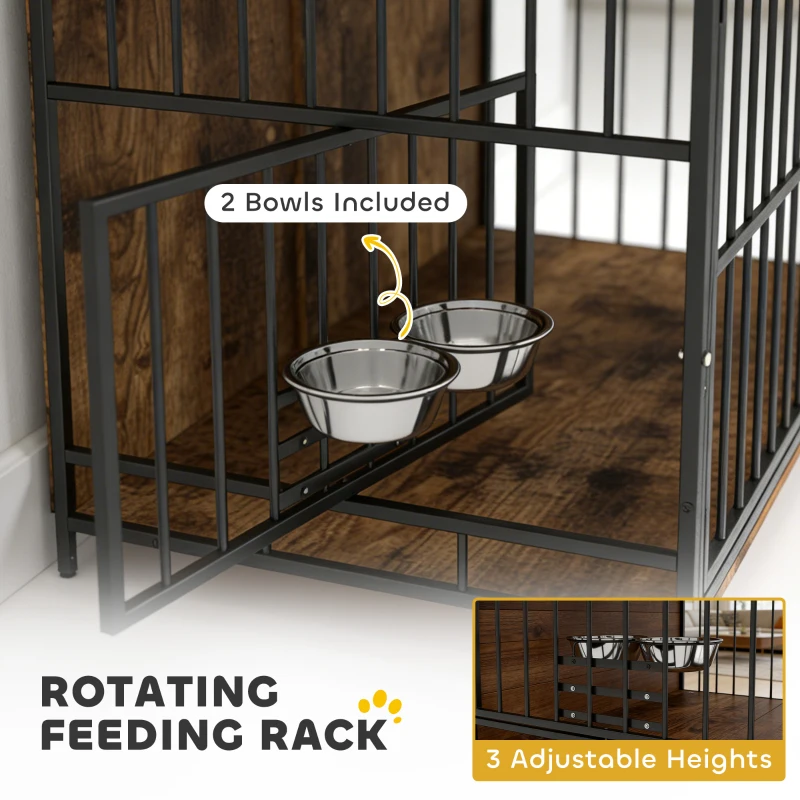 PawHut Dog Crate Furniture with Rotating Feeding Station Dog Kennel End Table Storage Shelves, Rustic Brown