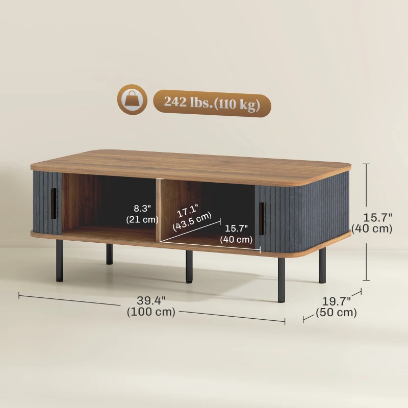 HOMCOM Nordic Side Table with Fluted Tambour Sliding Doors and Steel Legs, Coffee Table with Storage for Living Room, Black