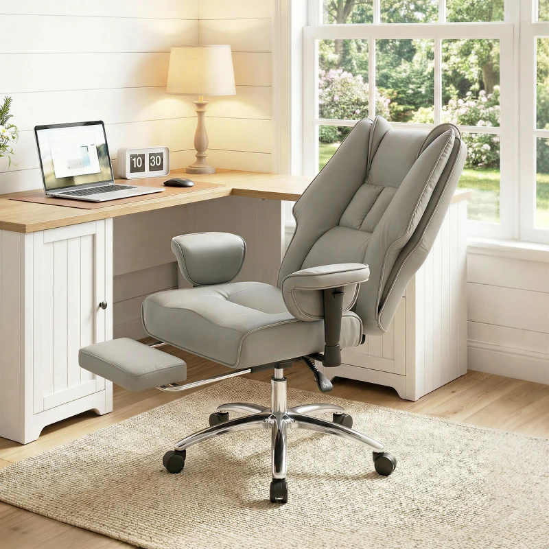 HOMCOM Ergonomic Office Chair, High Back Reclining Desk Chair with Adjustable Armrests, Pet Friendly Faux Leather, Light Gray