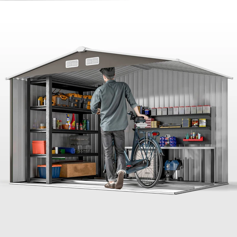 Outsunny 9' x 6' Outdoor Storage Shed, Garden Tool Metal Shed with Foundation Kit, Light Gray