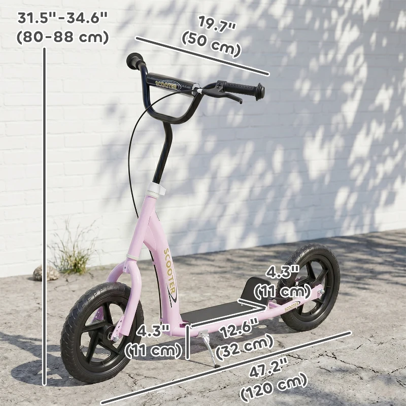 HOMCOM Kids Scooter with 12" EVA Big Tires, Street Bike Bicycle for Teens with Adjustable Height Handle for 5-12 Year Old, Pink