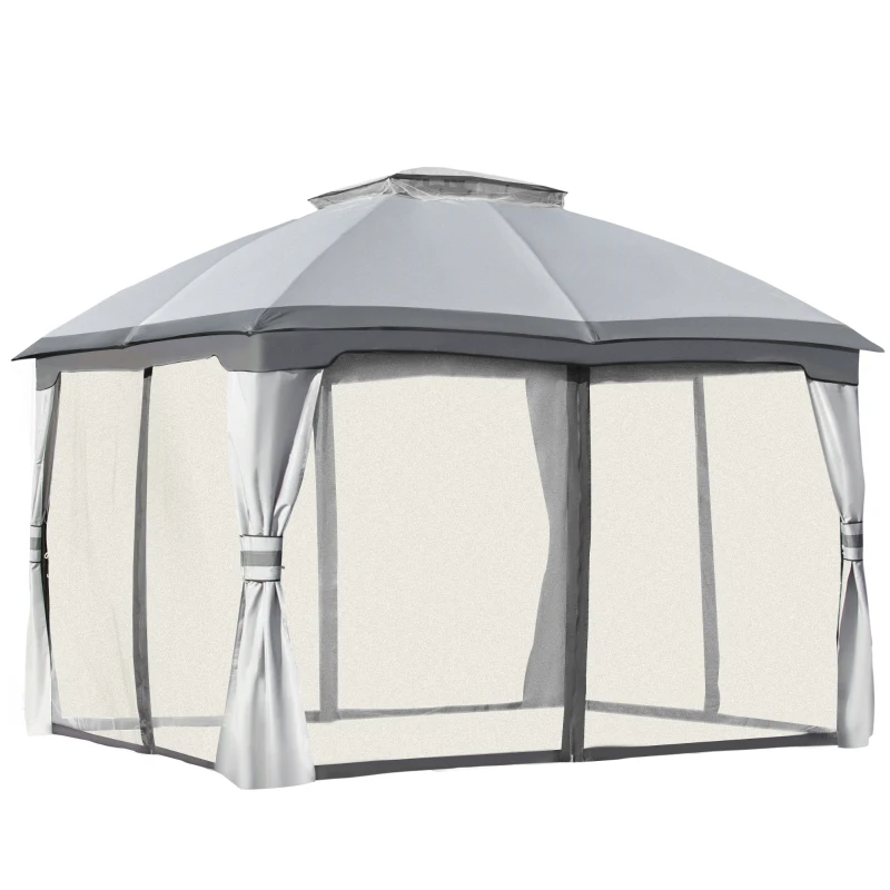 Outsunny 12' x 10' 2-Tier Outdoor Gazebo Canopy Tent for Patio with Zippered Mesh Sidewalls, Solid Steel Frame, Arched Roof, Grey