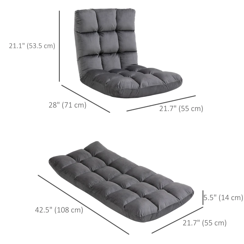 HOMCOM 13-Position Floor Folding Gaming Lazy Floor Sofa Chair Lounge Adjustable Sleeper Bed Couch Recliner, Dark Grey