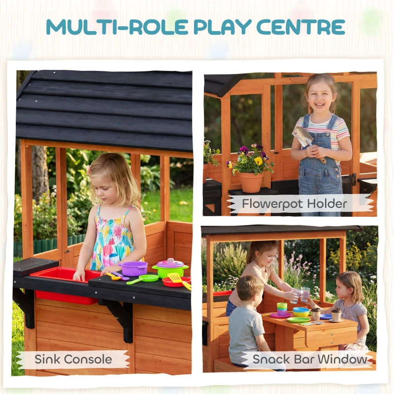 Qaba Wooden Playhouse Playhouse for Kids with Table, Benches, Sink Table, Windows, Flowerpot Holders, for Ages 3-8, Brown