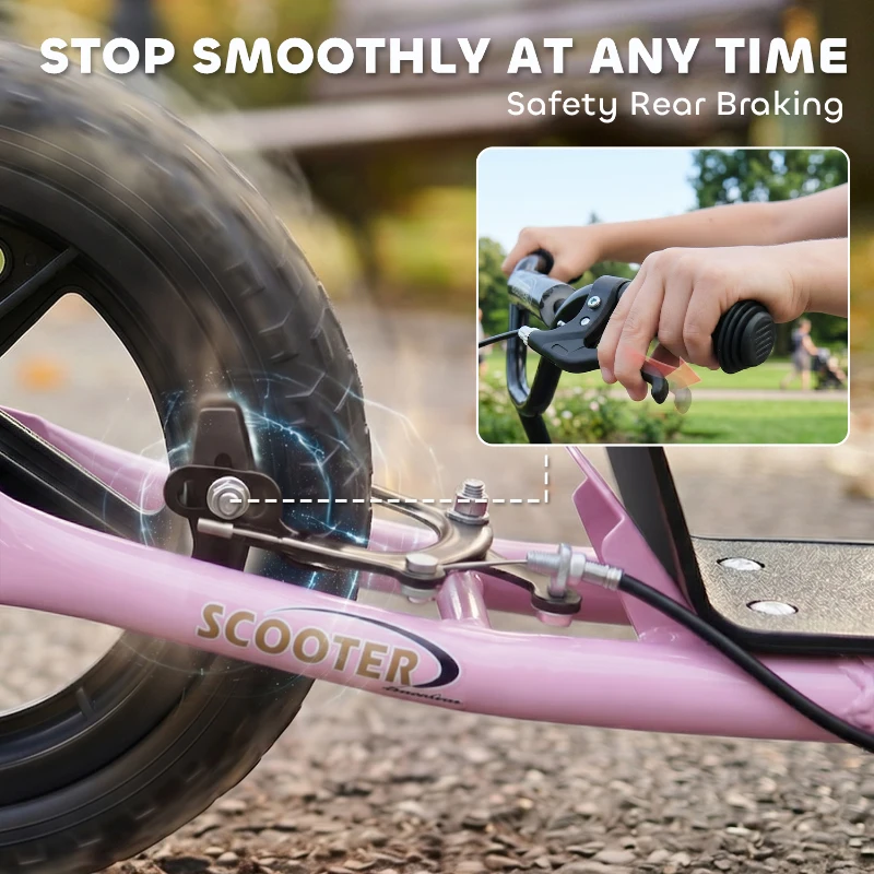 HOMCOM Kids Scooter with 12" EVA Big Tires, Street Bike Bicycle for Teens with Adjustable Height Handle for 5-12 Year Old, Pink