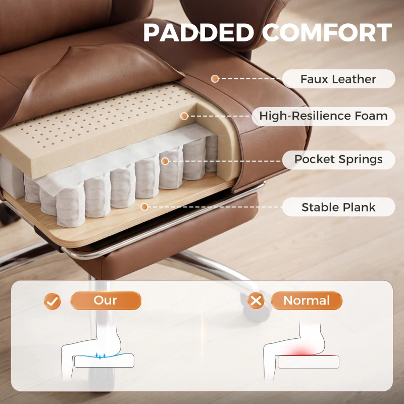 HOMCOM Ergonomic Office Chair, High Back Reclining Desk Chair with Adjustable Armrests, Pet Friendly Faux Leather, Brown