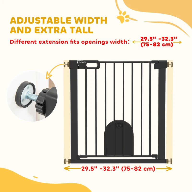PawHut 30"-32" Extra Wide Pet Gate Barrier with Small Door, 30"H Dog Gate with Safety Gate Barrier, Stair Pressure Fit, Black