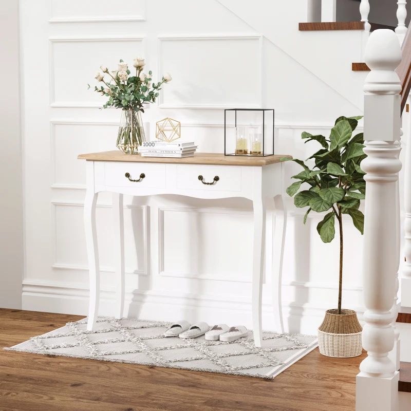HOMCOM Entryway Console Table with 2 Convenient Storage Drawers, Tabletop for Display, and Vintage Design, White