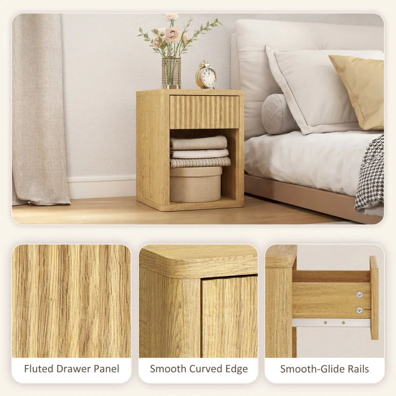 HOMCOM Nightstand with Drawer and Open Shelf, Modern Bedside Table Set of 2 for Bedroom Living Room, Oak