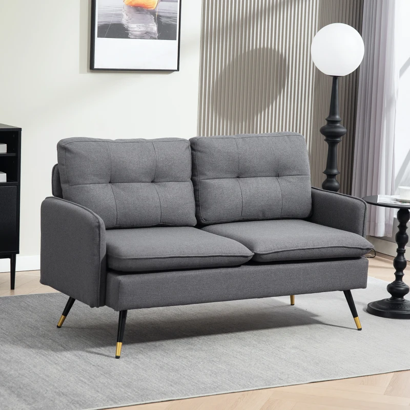 HOMCOM 55" Loveseat Sofa, Linen Love Seat w/ S spring, Steel Legs and Button Tufting, Small Couch for Living Room, Dark Grey