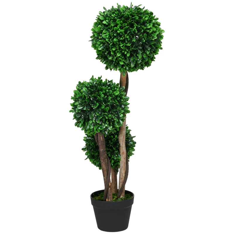 HOMCOM 3ft Artificial Tree, Triple Ball Boxwood Topiary with Pot and Sandalwood Leaves, for Indoor Outdoor Home