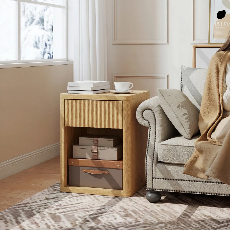 HOMCOM Nightstand with Drawer and Open Shelf, Modern Bedside Table Set of 2 for Bedroom Living Room, Oak