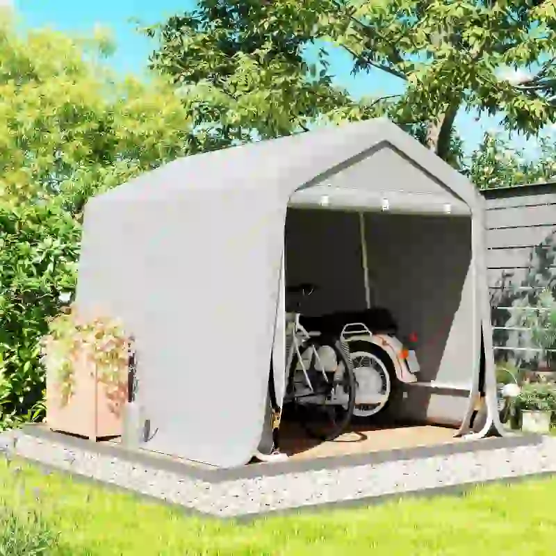 Outsunny 9.2' x 7.9' Garden Storage Tent, Patio Storage Shelter w/ Metal Frame and Double Zipper Doors, Light Grey