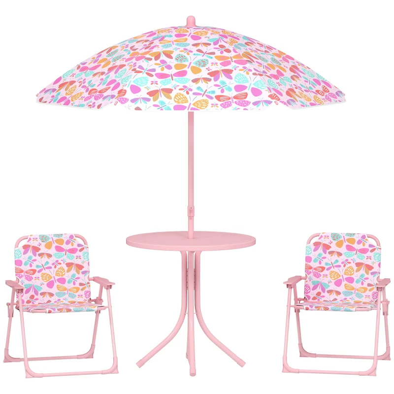 Qaba Kids Picnic Table and Chair Set, Outdoor Table with Foldable Chairs, Removable Umbrella, Pink