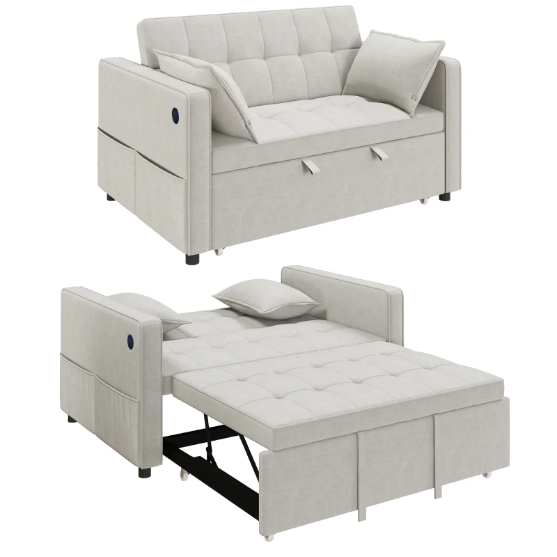 HOMCOM 3‑in‑1 Convertible Sofa Bed, Pull Out Sleeper Sofa with USB Charging, Adjustable Backrest, Side Pockets, Beige