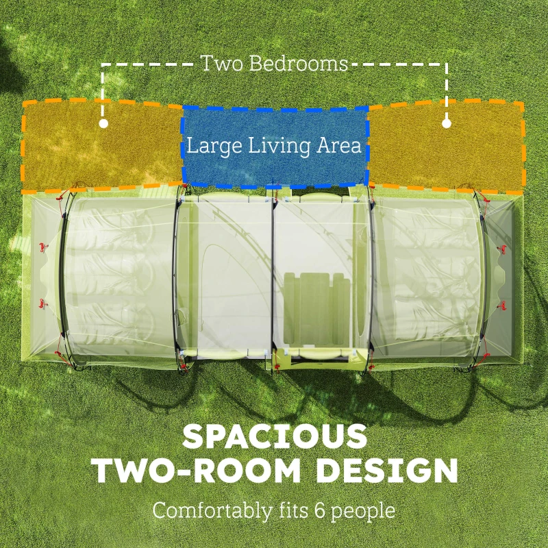 Outsunny 6 Person Camping Tent with Porch, Large Family Tent with 2 Bedroom and Living Room, Light Green
