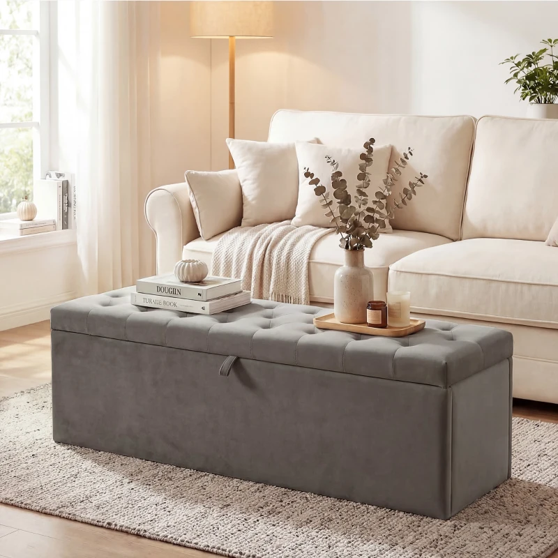 HOMCOM Storage Ottoman, Upholstered Velvet End of Bed Bench, Button Tufted Storage Bench for Bedroom, Living Room, Grey