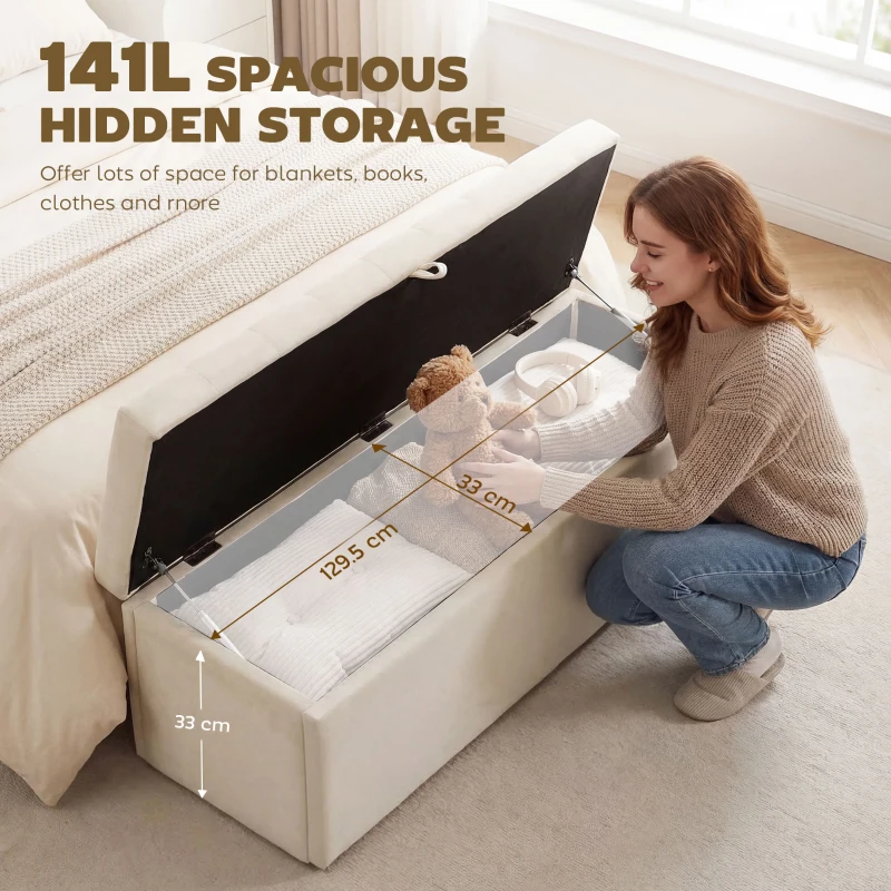 HOMCOM Storage Ottoman, Upholstered Velvet End of Bed Bench, Button Tufted Storage Bench for Bedroom, Living Room, Beige