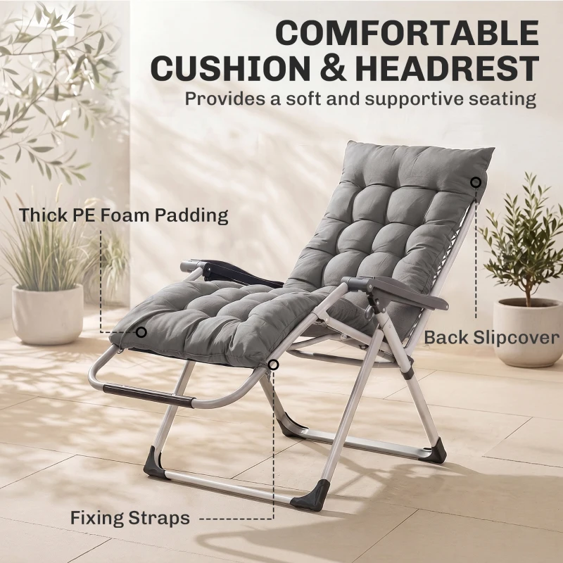 Outsunny Reclining Zero Gravity Chair with Adjustable Backrest, Folding Garden Sun Lounger, Outdoor Recliner with Removable Cushion and Headrest, Dark Grey