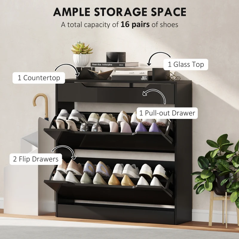 HOMCOM High Gloss Shoe Cabinet with 2 Flip Drawers and Adjustable Shelves, Narrow Shoe Storage Cabinet with Glass Top, Black