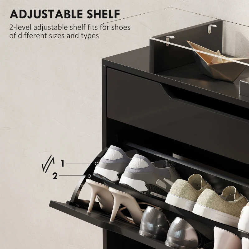 HOMCOM High Gloss Shoe Cabinet with 2 Flip Drawers and Adjustable Shelves, Narrow Shoe Storage Cabinet with Glass Top, Black