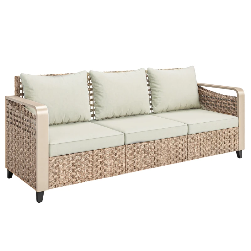 Outsunny Rattan Wicker Sofa 3-Seater Outdoor Patio Sofa with Cushions for Garden Backyard Porch Beige
