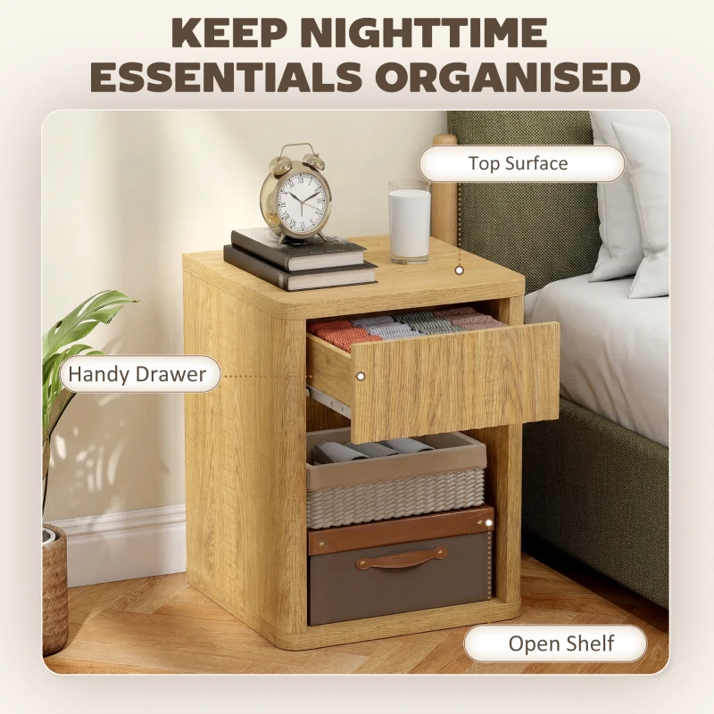 HOMCOM Nightstand with Drawer and Open Shelf, Modern Bedside Table Set of 2 for Bedroom Living Room, Oak