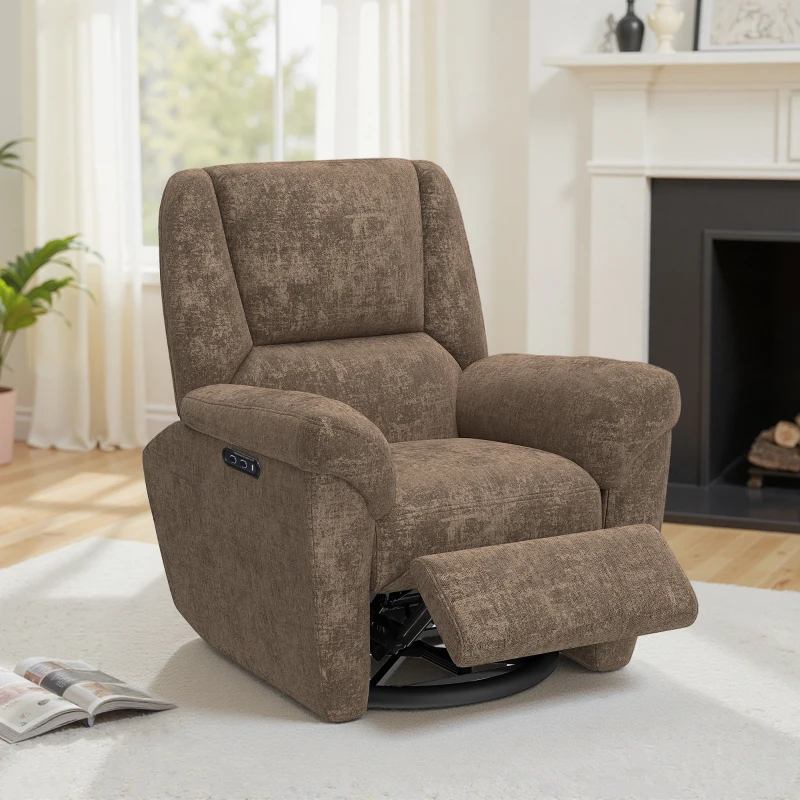 HOMCOM Power Recliner Chair, Fabric Upholstered Recliner Chair with USB Ports, Swivel and Rocking Function, Footrest