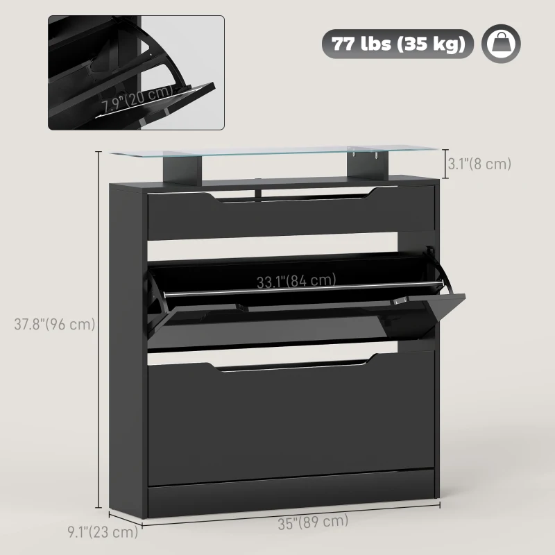 HOMCOM High Gloss Shoe Cabinet with 2 Flip Drawers and Adjustable Shelves, Narrow Shoe Storage Cabinet with Glass Top, Black