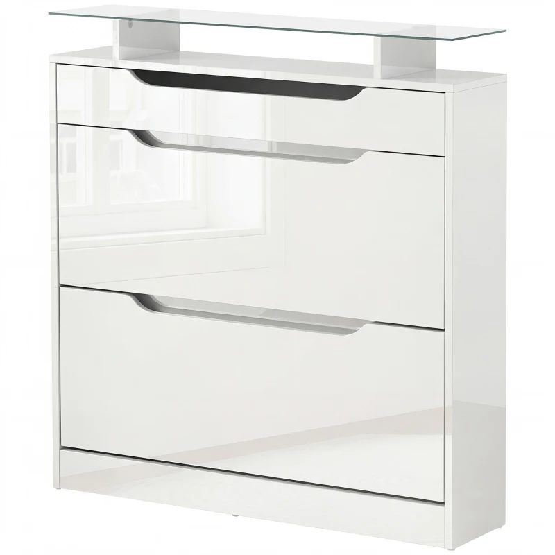 HOMCOM High Gloss Shoe Cabinet with 2 Flip Drawers and Adjustable Shelves, Narrow Shoe Storage Cabinet with Glass Top, White