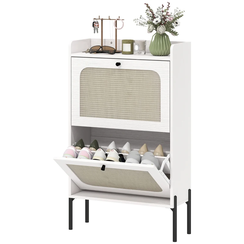 HOMCOM Shoe Cabinet with 2 Flip Drawers, Boho Narrow Shoe Storage Cabinet, White