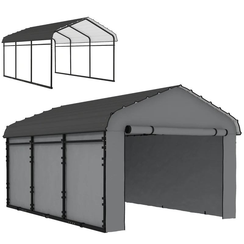 Outsunny 10' x 15' Metal Carport, Heavy Duty Garage Car Shelter with Galvanized Metal Roof and Removable Sidewalls, Light Grey