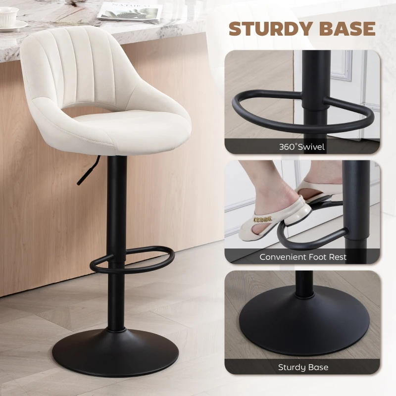 HOMCOM Bar Stools Set of 2, Swivel Counter Height Barstools with Adjustable Height and Cutout Back, Velvet Upholstered Bar Chairs with Round Metal Base and Footrest, Cream