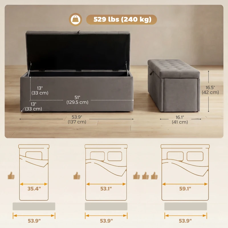 HOMCOM Storage Ottoman, Upholstered Velvet End of Bed Bench, Button Tufted Storage Bench for Bedroom, Living Room, Grey