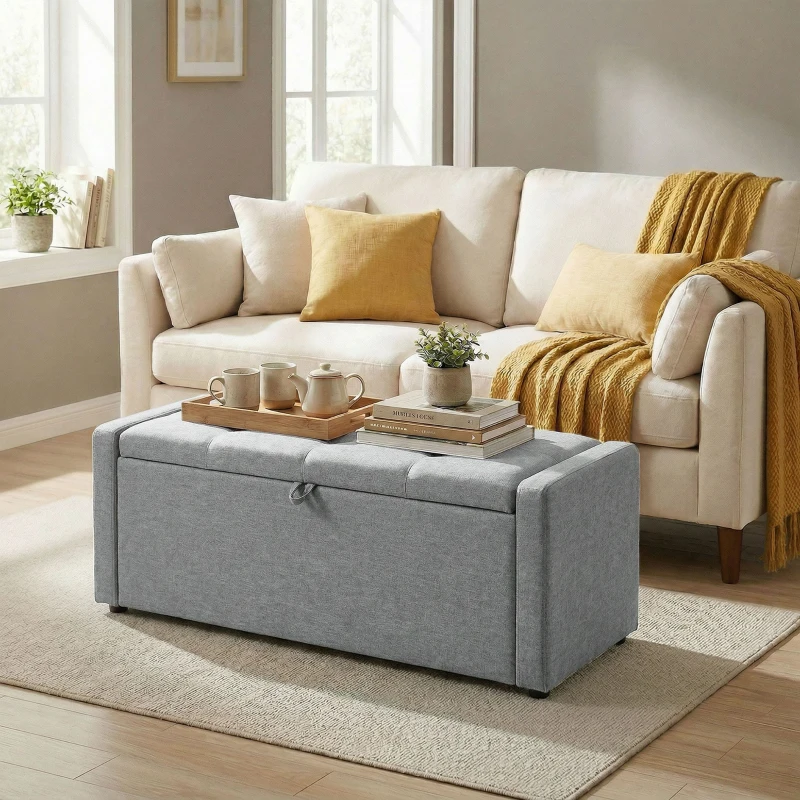 HOMCOM Storage Ottoman Bench, Linen-Look Fabric Upholstered Ottoman with Storage, Wide Padded Seat, Light Grey