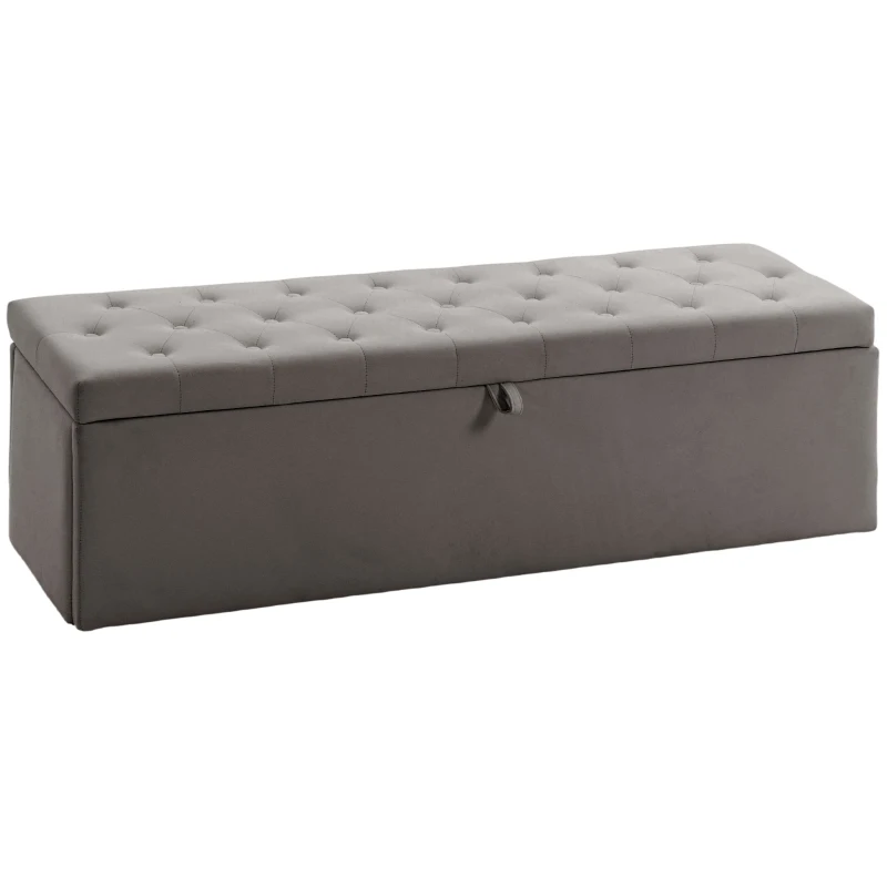 HOMCOM Storage Ottoman, Upholstered Velvet End of Bed Bench, Button Tufted Storage Bench for Bedroom, Living Room, Grey