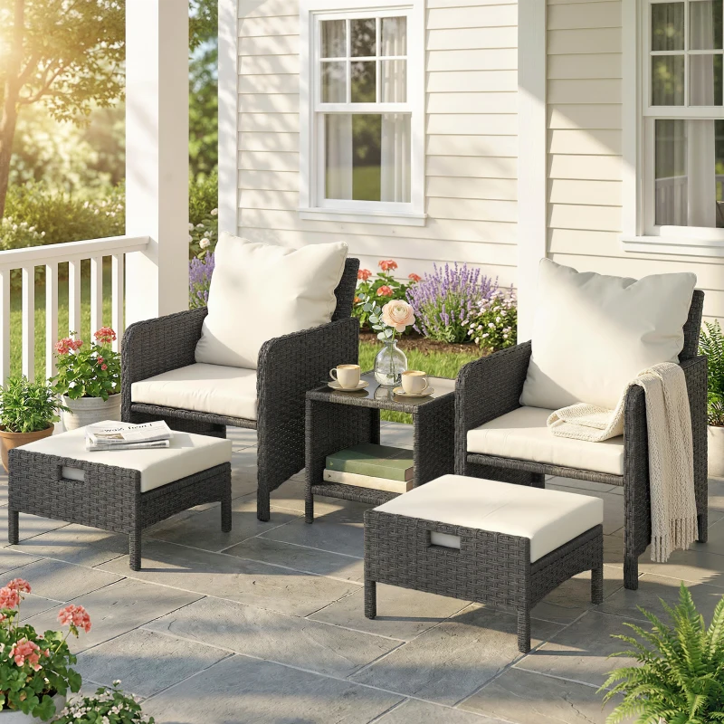 Outsunny 5 Piece Patio Furniture Set, Wicker Outdoor Furniture Set, 23.6" Seat, Ottomans, Glass Table, Cushions, Beige