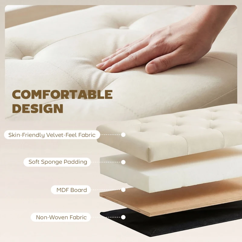 HOMCOM Storage Ottoman, Upholstered Velvet End of Bed Bench, Button Tufted Storage Bench for Bedroom, Living Room, Beige